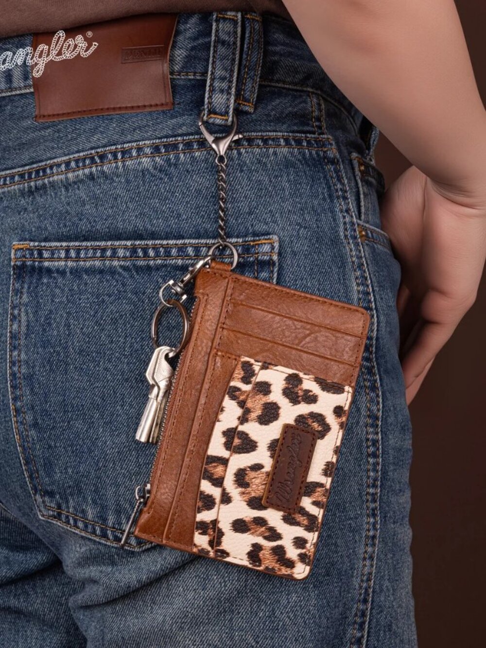 Wrangler Leopard Print Key Chain Wristlet Card Wallet Brown